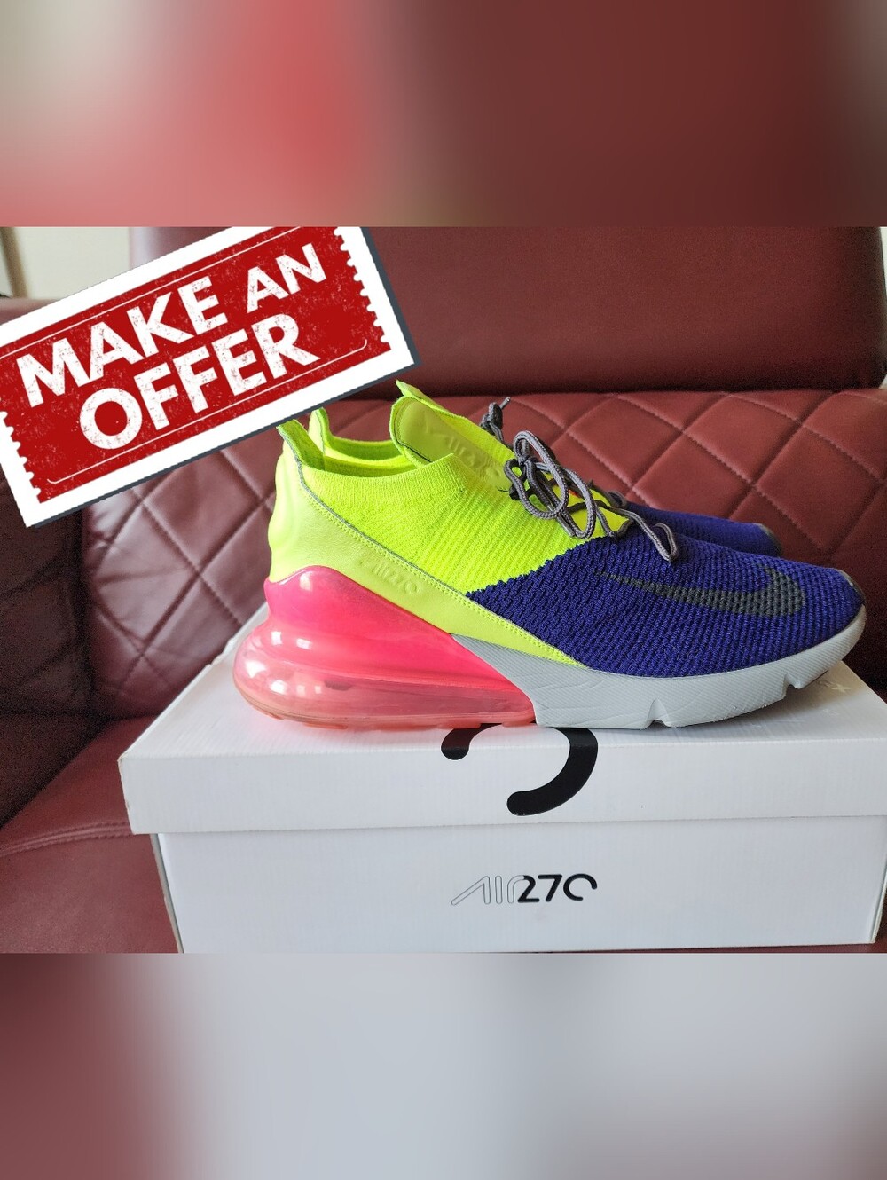 Nike Air Max 270 Flyknit "Regency Purple/Volt" - Size 14
